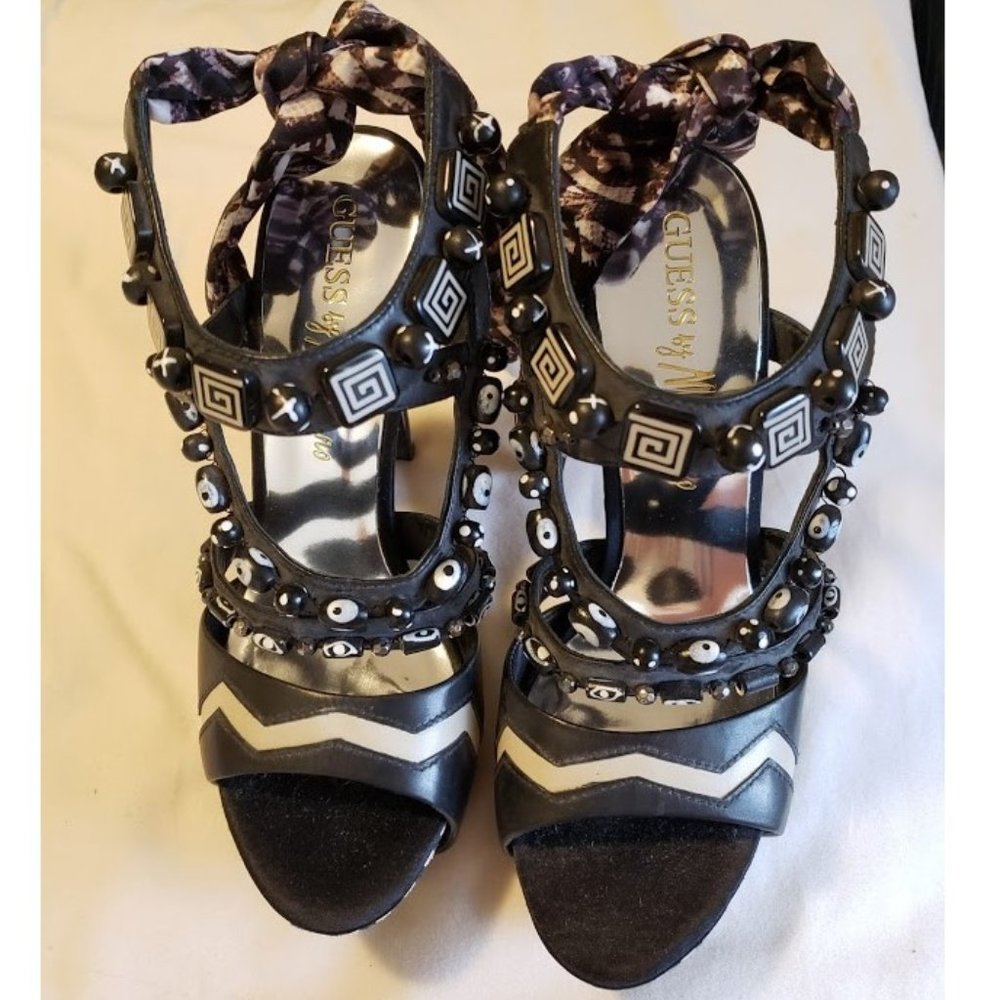 Guess Marciano Caiiro high Heel stilettos size 6.5 New Stripes Peeptoe Unique - Picture 3 of 4